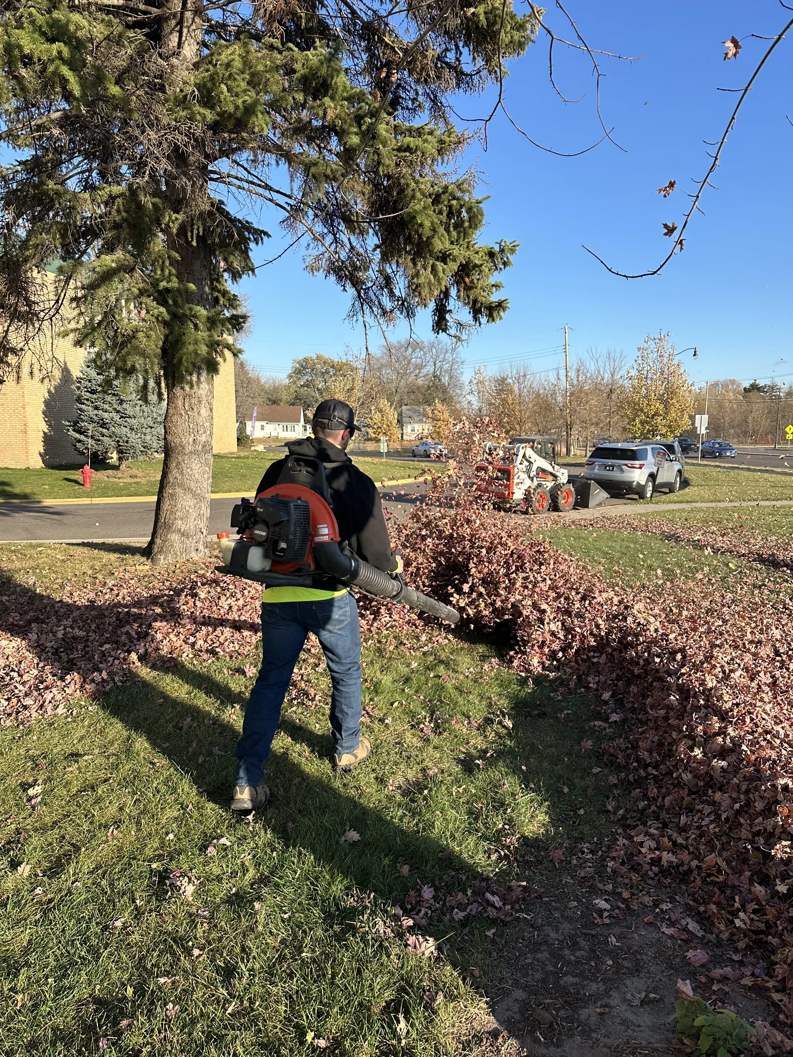 Clearline Outdoor crew performing fall leaf cleanup at a multifamily property