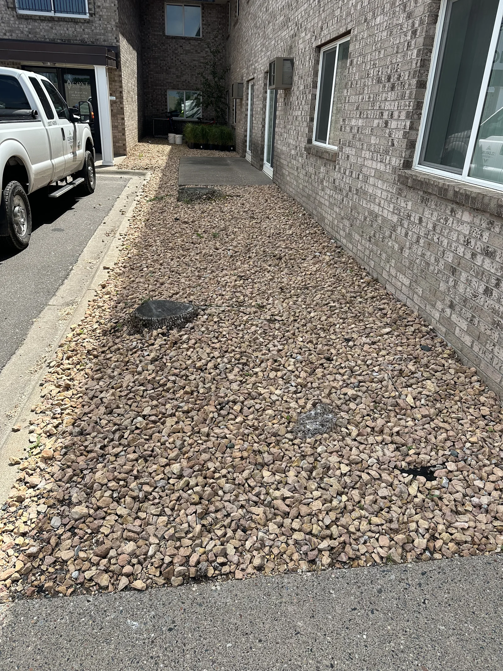 Rock bed with old stumps still visible along the walkway near the leasing office at Cove Apartments before renovation