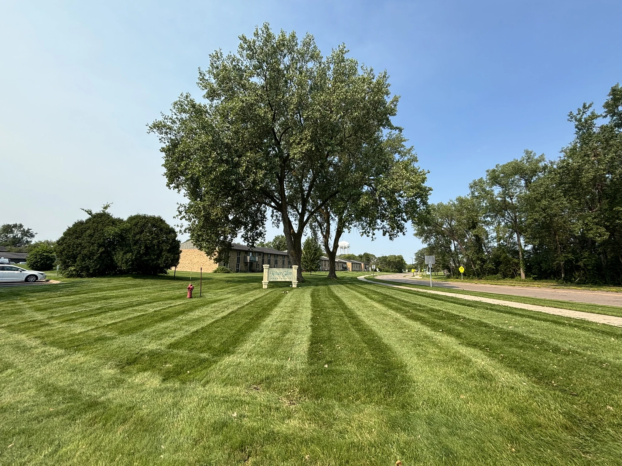 Freshly mowed apartment complex grounds with clean stripe pattern, North Twin Cities Metro